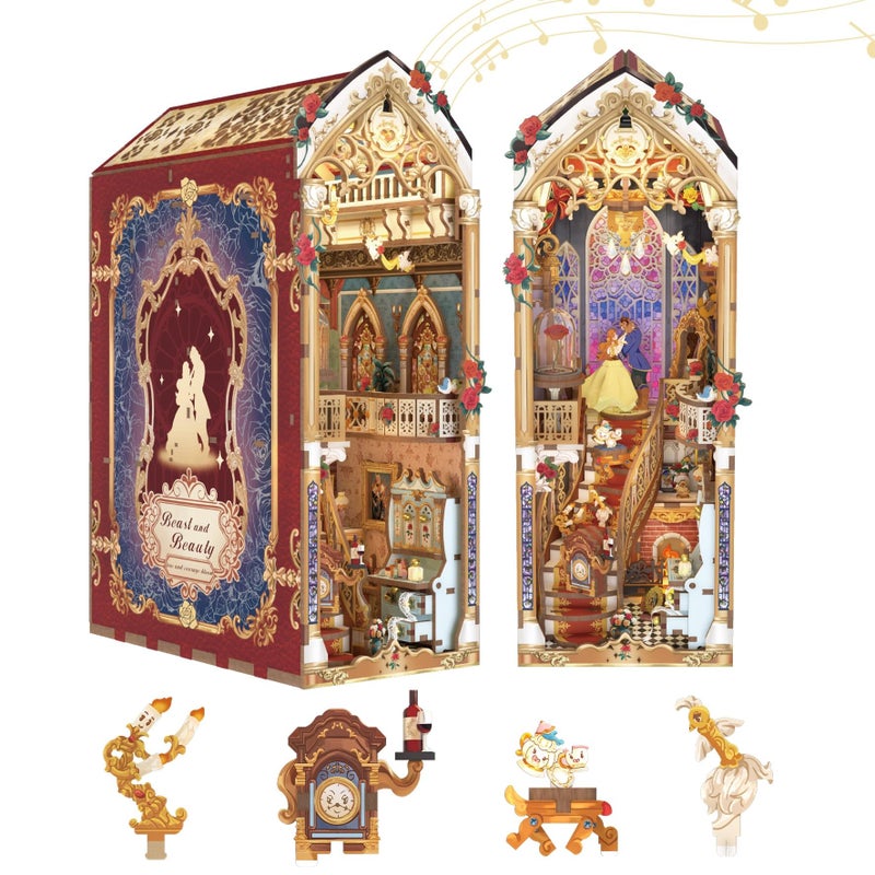 Tonecheer DIY Book Nook Kit for Adults, 3D Wooden Puzzle Music Booknook Miniature Dollhouse, Fairy Tale Bookend Bookshelf Decor with Dust Cover and LED Lights Gifts (Beastâ€Œ and Beauty) - Image 1