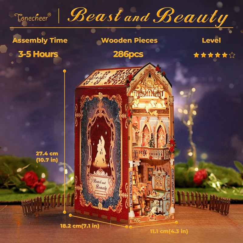 Tonecheer DIY Book Nook Kit for Adults, 3D Wooden Puzzle Music Booknook Miniature Dollhouse, Fairy Tale Bookend Bookshelf Decor with Dust Cover and LED Lights Gifts (Beastâ€Œ and Beauty) - Image 4