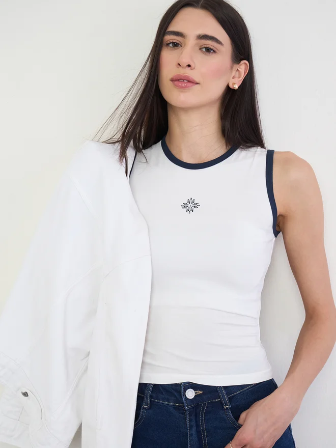 Styli White Fitted Cotton Tank with Contrast Trim