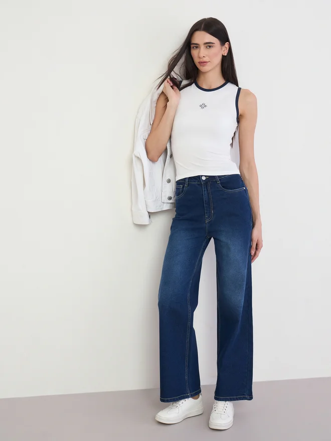 Styli White Fitted Cotton Tank with Contrast Trim