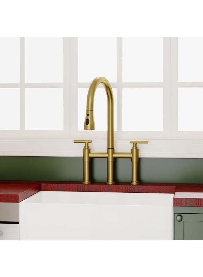 ARRISEA Gold Bridge Kitchen Faucet with 3 Mode Pull-Down Sprayer 2 Handle 8 Inch Faucet for Kitchen Sinks 3 Hole Kitchen Sink Faucet, Fingerprint Resistant Spot Free - Image 1