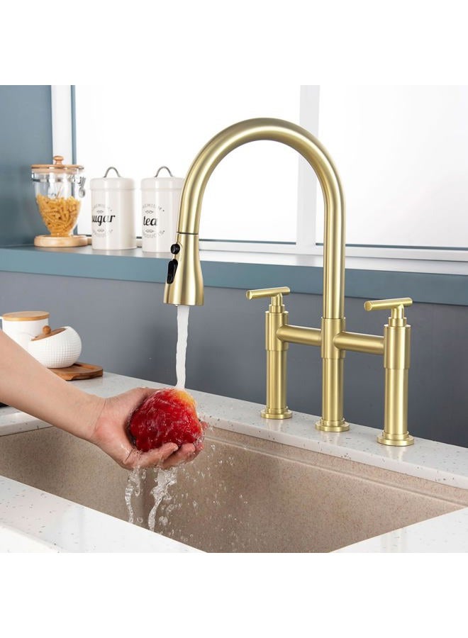 ARRISEA Gold Bridge Kitchen Faucet with 3 Mode Pull-Down Sprayer 2 Handle 8 Inch Faucet for Kitchen Sinks 3 Hole Kitchen Sink Faucet, Fingerprint Resistant Spot Free - Image 3