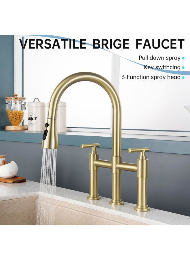 ARRISEA Gold Bridge Kitchen Faucet with 3 Mode Pull-Down Sprayer 2 Handle 8 Inch Faucet for Kitchen Sinks 3 Hole Kitchen Sink Faucet, Fingerprint Resistant Spot Free - Image 2