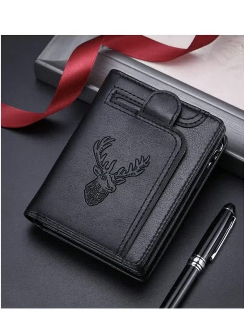 محفظة رجالية جديدة بتصميم كلاسيكي، مزينة برأس غزال، محفظة متعددة الوظائف بسحاب، فتحات متعددة للبطاقات، حامل بطاقات متعدد الاستخدامات للشباب والطلاب، هدية رائعة للرجال - Image 2