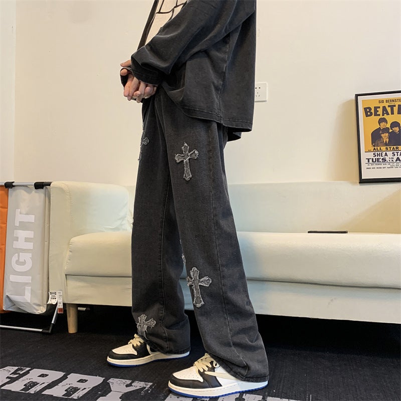 Vintage Cross Patch Jeans Men Autumn Casual Loose Fit Black Gray  - Image 1