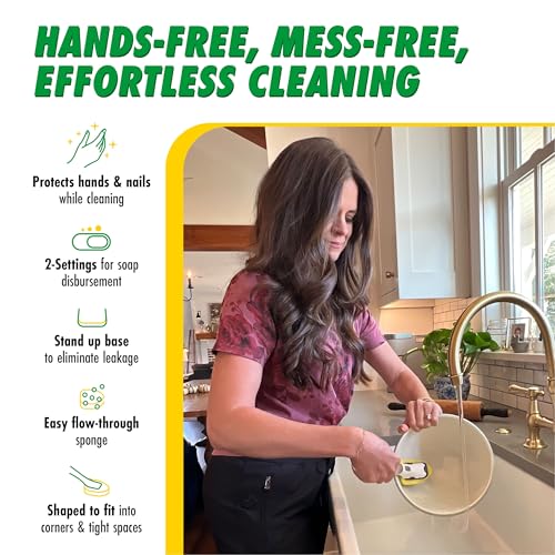 Libman Dishmatic I-Stand Dish Wand Kit, Kitchen Cleaning Scrub Brush with Handle and Soap Dispenser for Scrubbing and Washing Dishes, Refillable Standing Dispensing Scrubber Brushes, 3 Sponge Refills - Image 3
