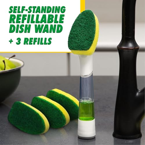 Libman Dishmatic I-Stand Dish Wand Kit, Kitchen Cleaning Scrub Brush with Handle and Soap Dispenser for Scrubbing and Washing Dishes, Refillable Standing Dispensing Scrubber Brushes, 3 Sponge Refills - Image 2
