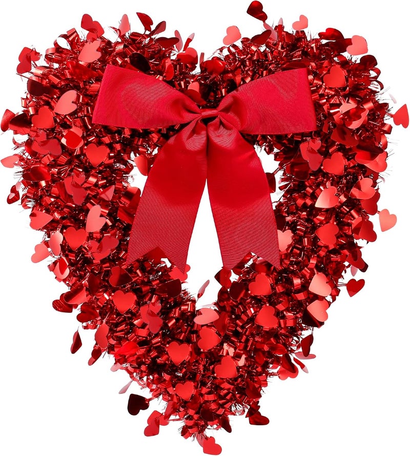 Sggvecsy 177 Tinsel Heart Shaped Wreath with Red Bow for Front Door Wedding Party Anniversary Wall Gift for Girlfriend Mothers Day Birthday Decor - Image 1