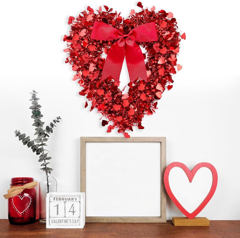 Sggvecsy 177 Tinsel Heart Shaped Wreath with Red Bow for Front Door Wedding Party Anniversary Wall Gift for Girlfriend Mothers Day Birthday Decor - Image 2