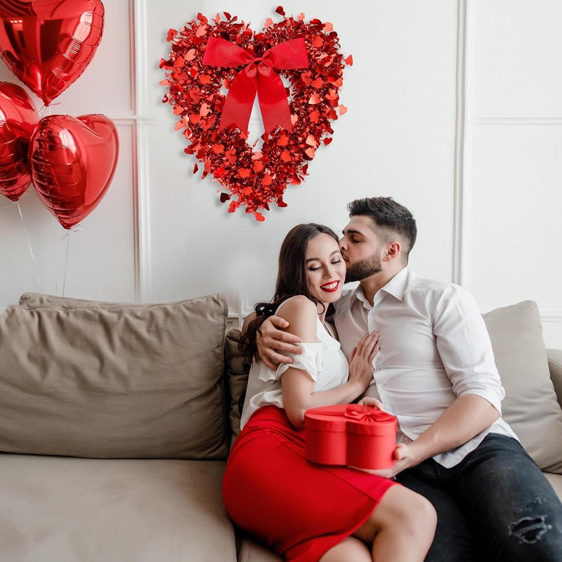 Sggvecsy 177 Tinsel Heart Shaped Wreath with Red Bow for Front Door Wedding Party Anniversary Wall Gift for Girlfriend Mothers Day Birthday Decor - Image 3