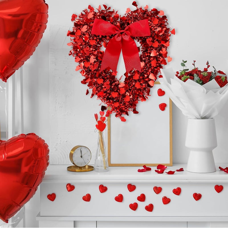 Sggvecsy 177 Tinsel Heart Shaped Wreath with Red Bow for Front Door Wedding Party Anniversary Wall Gift for Girlfriend Mothers Day Birthday Decor - Image 4