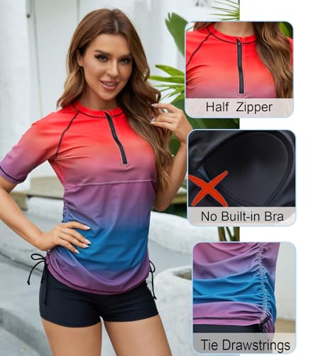 Halcurt Women's Half Zip Short Sleeve Rash Guard Swim Shirt with Tie Drawstring UPF50+ Swimsuit Top Ombre Red Blue 2XL - Image 4
