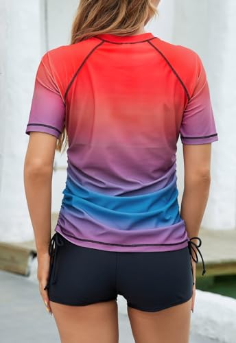 Halcurt Women's Half Zip Short Sleeve Rash Guard Swim Shirt with Tie Drawstring UPF50+ Swimsuit Top Ombre Red Blue 2XL - Image 2