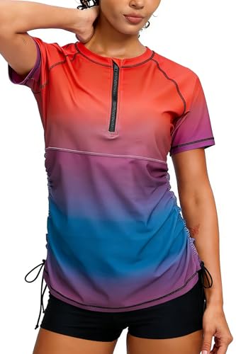 Halcurt Women's Half Zip Short Sleeve Rash Guard Swim Shirt with Tie Drawstring UPF50+ Swimsuit Top Ombre Red Blue 2XL - Image 1