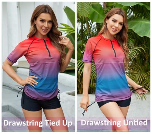 Halcurt Women's Half Zip Short Sleeve Rash Guard Swim Shirt with Tie Drawstring UPF50+ Swimsuit Top Ombre Red Blue 2XL - Image 5