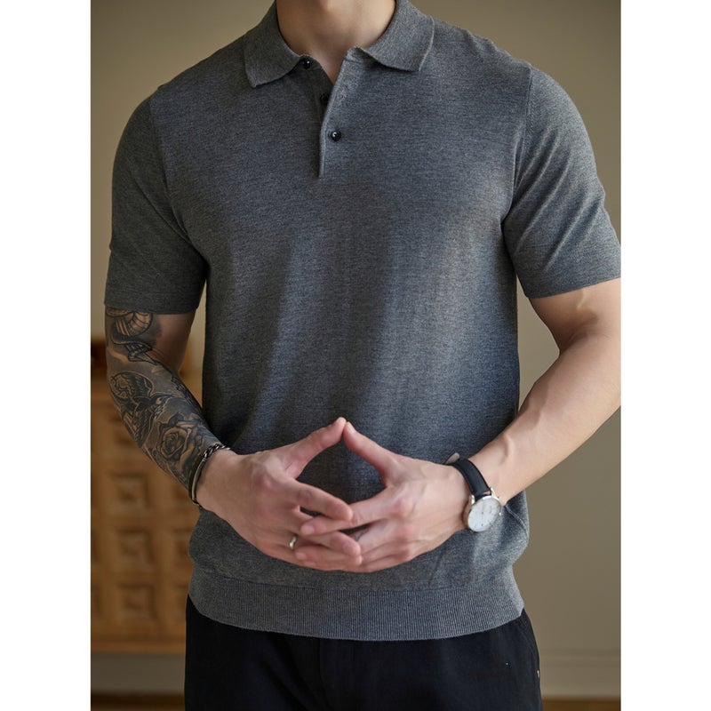 Mens Slim Fit Short Sleeve Knit Polo Shirt Business Casual T-Shirt - Image 2
