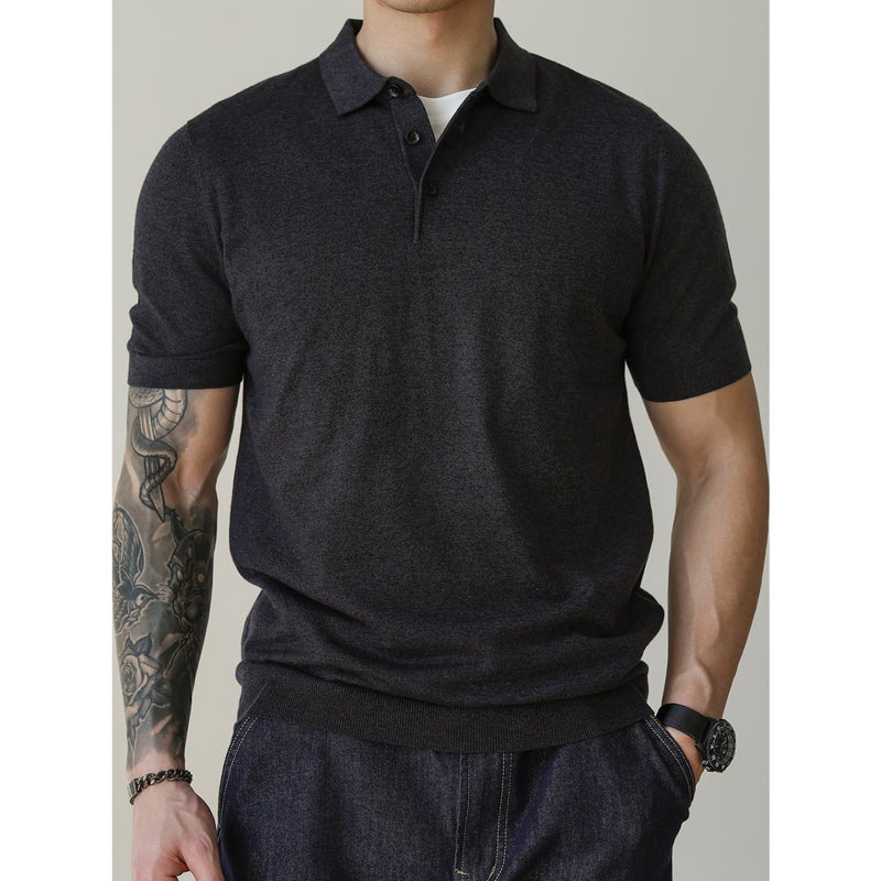 Mens Slim Fit Short Sleeve Knit Polo Shirt Business Casual T-Shirt - Image 1