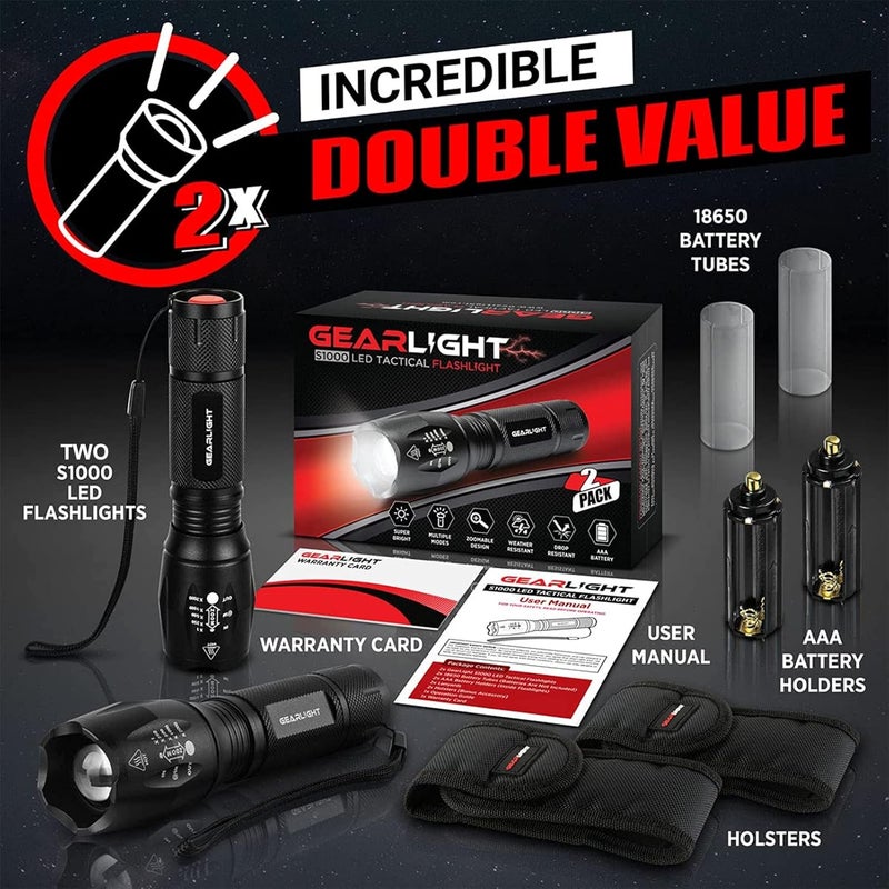 GearLight LED Flashlights - Mini Camping Flashlights with High Lumens, 5 Modes, Zoomable Beam - Bright and Versatile Flash Light for Outdoor and Home Use - S1000-2 Pack, (Batteries Not Included) - Image 2