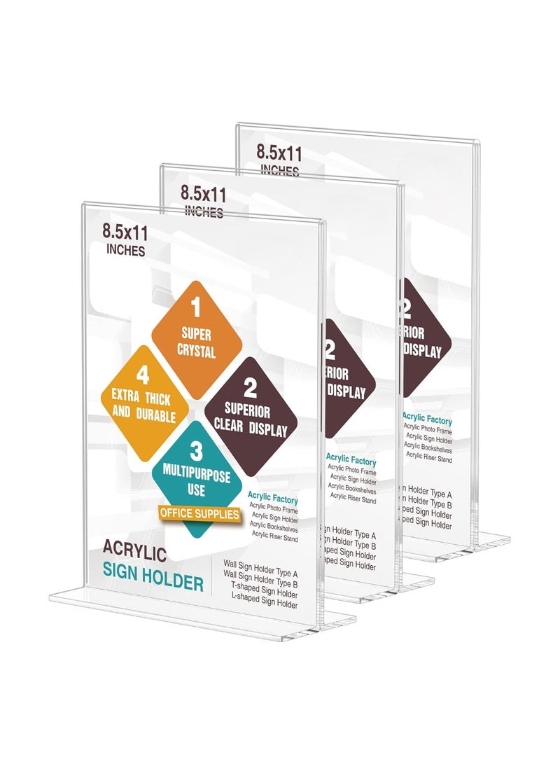 TPGP 3 Pack Acrylic Sign Holder 8.5 x 11 - T Shape Double Sided Table Top Display Stand, Portrait Upright Photo Picture Frame Wedding Menu Ad Holder - Image 1