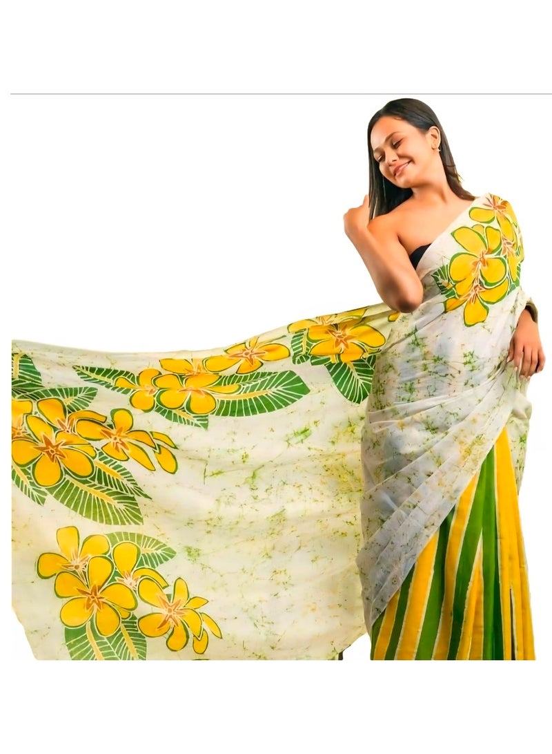 جــرابــمـــا نــتــرا   بلوزة من الكتان بخطوط صفراء وخضراء على القاعدة مع قماش بالو أبيض عاجي مطبوع عليه زهور مع بلوزة غير مخيطة