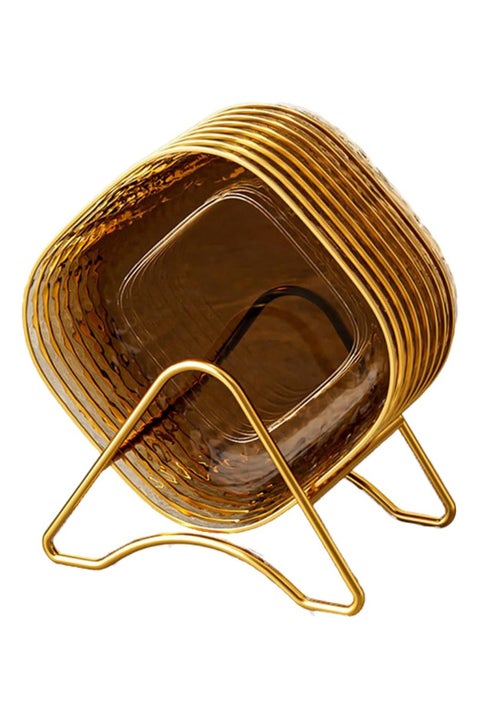 Arahome Food Safe Plastic Bone Dish Set Wave Pattern Plate with Non Slip Base for Seafood Snacks Table Scraps(Gold)