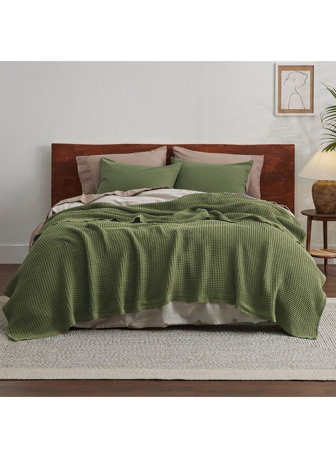 Bedsure Bedsure 100% Cotton Blanket Queen Size for Bed - Breathable and Soft, Waffle Weave Blanket for Summer Spring, Olive Green, 90x90 Inches  - Image 2