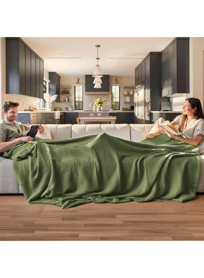 Bedsure Bedsure 100% Cotton Blanket Queen Size for Bed - Breathable and Soft, Waffle Weave Blanket for Summer Spring, Olive Green, 90x90 Inches  - Image 1