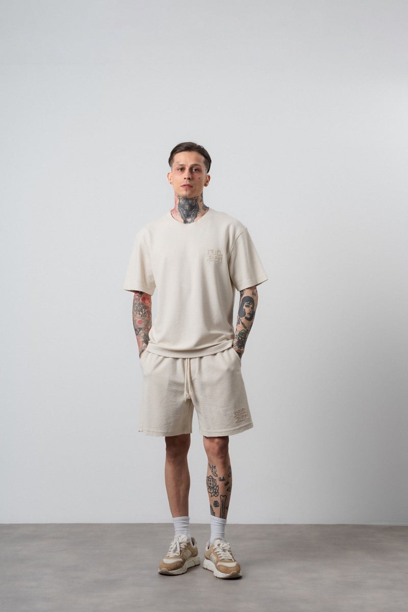 RESPIRE Men's Dirty Stitch Regular Fit T-Shirt and Shorts Set, Beige - Image 1