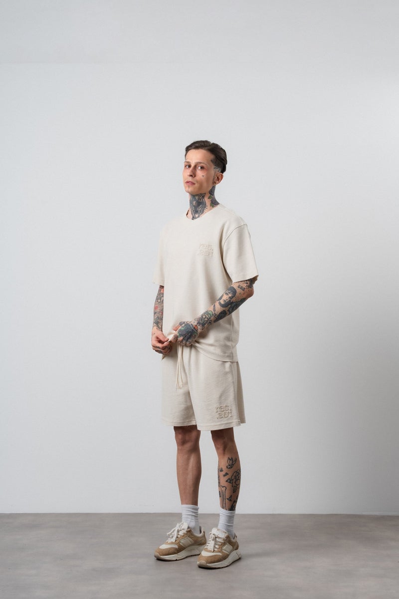 RESPIRE Men's Dirty Stitch Regular Fit T-Shirt and Shorts Set, Beige - Image 2
