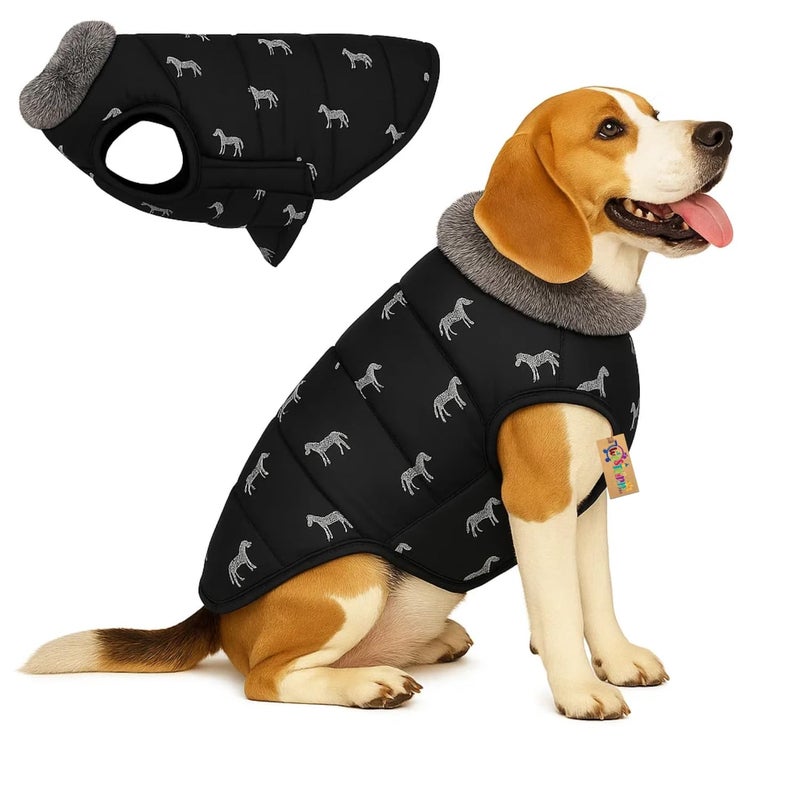 Western Era Dog Print Black Winter Coat with Fur Collar | Cold Weather Windproof Jacket | Soft Warm Padded Outfit with Leash Hole | Cozy Pet Clothing for Walks, Travel (Large - 18inch) - Image 1