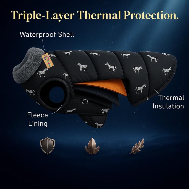 Western Era Dog Print Black Winter Coat with Fur Collar | Cold Weather Windproof Jacket | Soft Warm Padded Outfit with Leash Hole | Cozy Pet Clothing for Walks, Travel (Large - 18inch) - Image 2