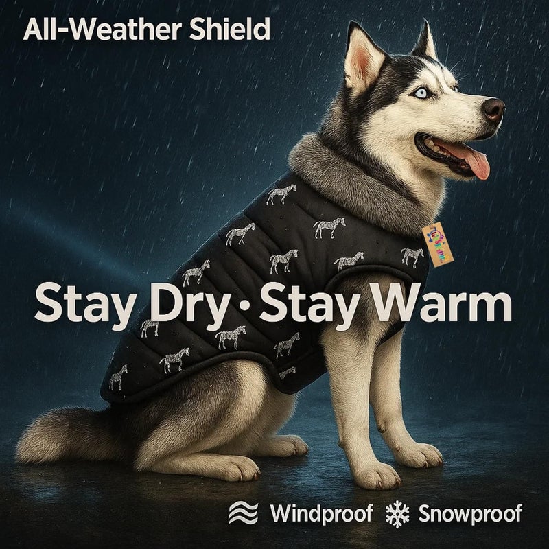 Western Era Dog Print Black Winter Coat with Fur Collar | Cold Weather Windproof Jacket | Soft Warm Padded Outfit with Leash Hole | Cozy Pet Clothing for Walks, Travel (Large - 18inch) - Image 4