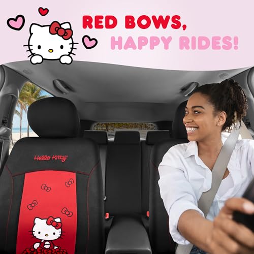 Carbella Hello Kitty Car Seat Covers - Stylish Black and Red Front Seat Covers with Cute Bow Design, Durable and Comfortable Polyester, Car Accessories for Women Hello Kitty Accessories 2pc - Image 2
