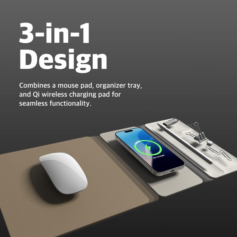 POUT H3 SplitMax 3-in-1 Wireless Charging Mouse Pad â€“ Fast Qi Charger, Mousepad Mat, and Magnetic Tray Organizer â€“ Compatible with Smartphones and Earbuds (Palette Cream) - Image 2