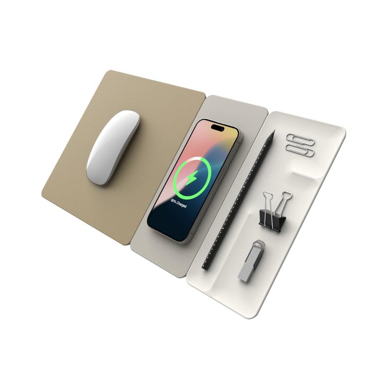 POUT H3 SplitMax 3-in-1 Wireless Charging Mouse Pad â€“ Fast Qi Charger, Mousepad Mat, and Magnetic Tray Organizer â€“ Compatible with Smartphones and Earbuds (Palette Cream) - Image 1
