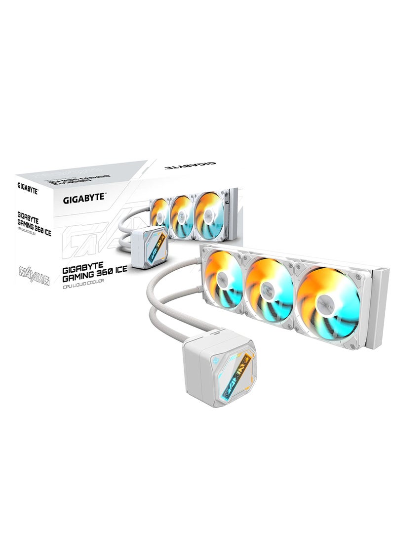 جيجابايت مبرد سائل GAMING 360 ICE ARGB AIO – راديتر 360 مم، 3 مراوح ARGB بحجم 120 مم، غطاء علوي مغناطيسي، أنابيب مغطاة بتفلون، 500–2200 دورة في الدقيقة، 61.61 CFM، متوافق مع Intel LGA 1700/1200/1851 و AMD AM5/AM4، 300 واط TDP، RGB Fusion 2.0 | GP-GIGABYTE GME 360I - Image 1
