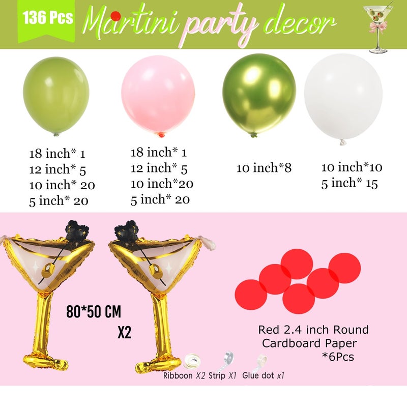 besttideyes Martini Birthday Decorations 136Pcs Olive Green Pink and White with Martini foil Balloon for A Tini Bit Older Birthday Wedding Bridal Party Decorations - Image 4