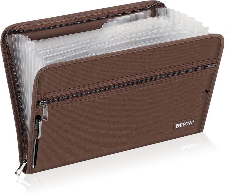 ENGPOW Accordion File Organizer,Fireproof 13 Pockets Expanding File Folder,Document Organizer Folder with Zipper＆Labels,Portable Home Travel Safe Storage for Letter A4 Files and More,Brown - Image 1