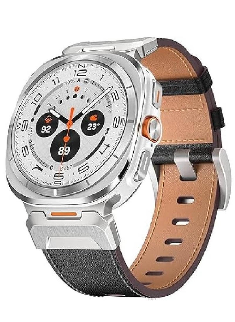 Genuine Leather Band for Samsung Galaxy Watch Ultra 47mm (2024) - No Gap Sturdy Wide Strap with One-Click Stainless Steel Connectors for Men & Women (Black)  - Image 1