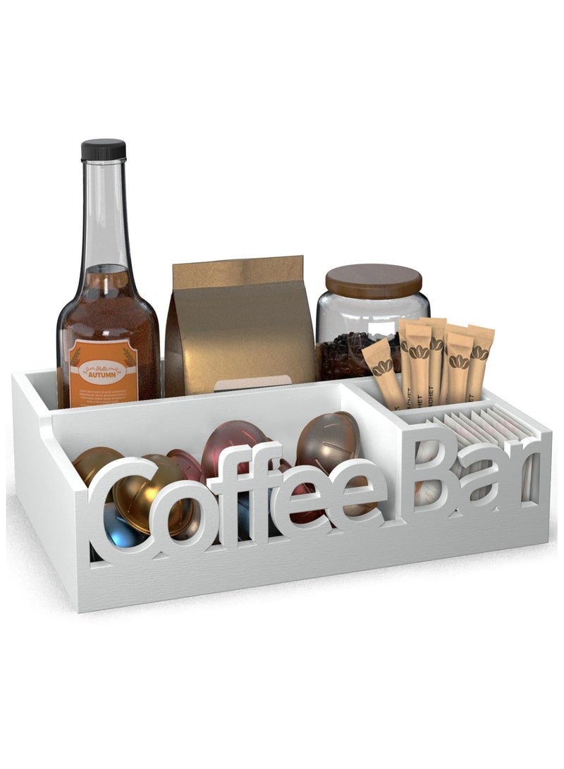 XiuWoo Wooden Coffee Station Organizer,Coffee Bar Storage Basket, Kitchen Counter Coffee And Tea Condiment Holder, Coffee Container Accessories Caddy For Home Office And Cafe Decor,White - Image 1