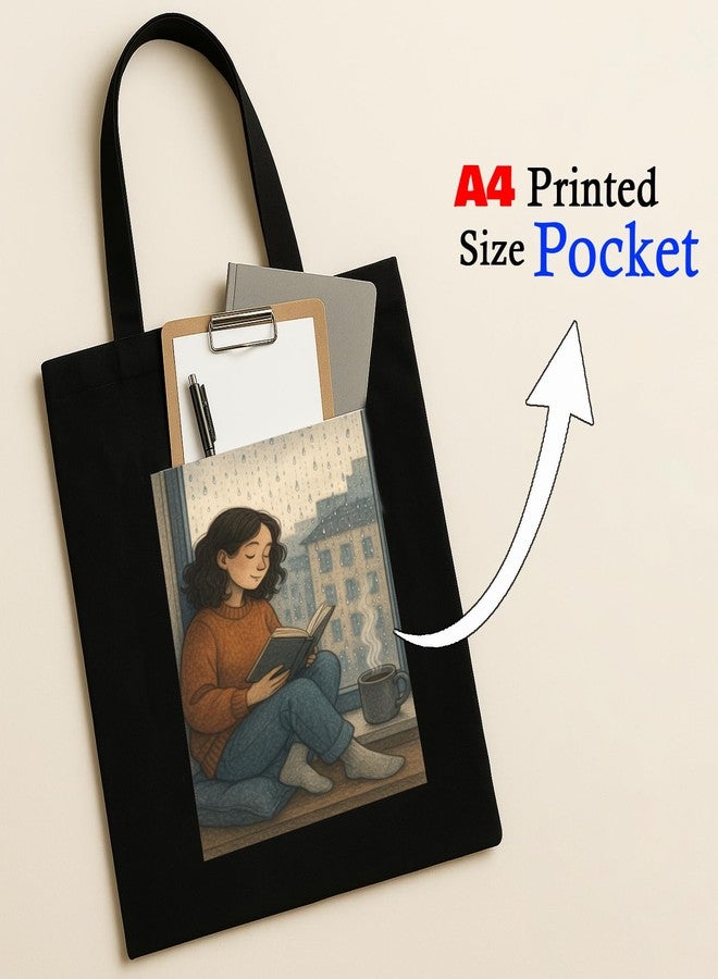 Megrok Rainy Day Reading Tote Bag for Women | Front A4 Size Printed Pocket | 16x14 Inch Water-Resistant Cotton Bag | Protective Cover for Books - Image 3