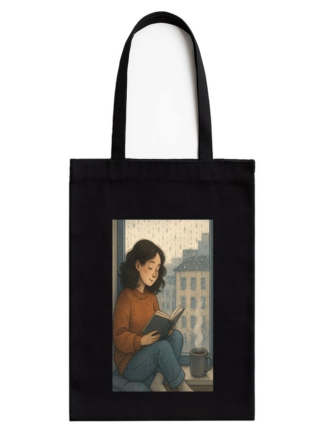Megrok Rainy Day Reading Tote Bag for Women | Front A4 Size Printed Pocket | 16x14 Inch Water-Resistant Cotton Bag | Protective Cover for Books - Image 1