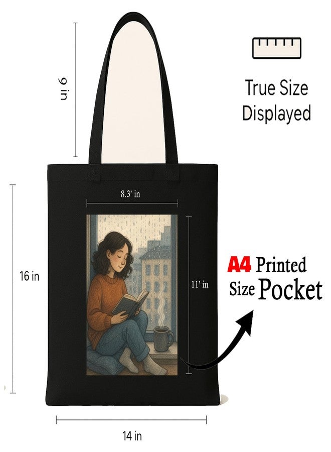 Megrok Rainy Day Reading Tote Bag for Women | Front A4 Size Printed Pocket | 16x14 Inch Water-Resistant Cotton Bag | Protective Cover for Books - Image 2