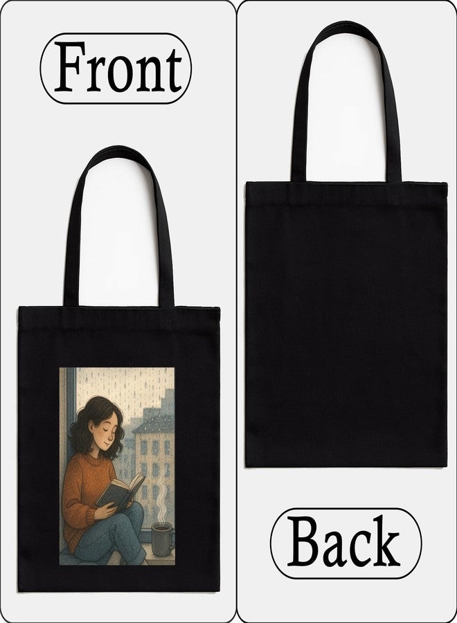 Megrok Rainy Day Reading Tote Bag for Women | Front A4 Size Printed Pocket | 16x14 Inch Water-Resistant Cotton Bag | Protective Cover for Books - Image 4