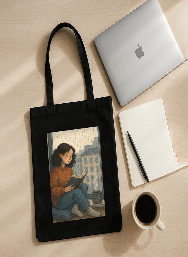 Megrok Rainy Day Reading Tote Bag for Women | Front A4 Size Printed Pocket | 16x14 Inch Water-Resistant Cotton Bag | Protective Cover for Books - Image 5