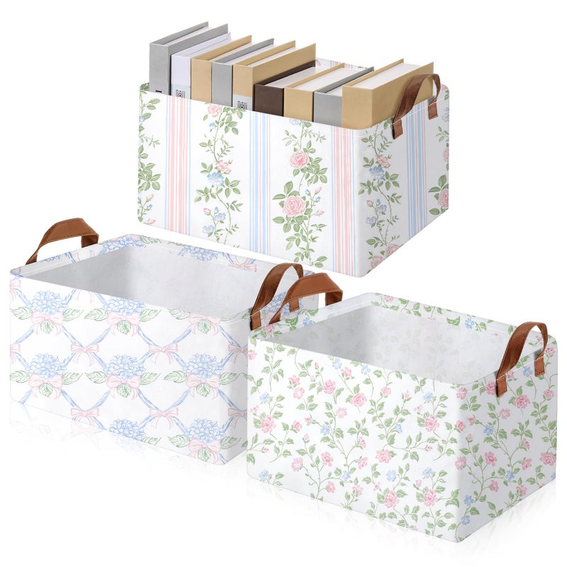 Boao Foldable Storage Baskets Dinosaur Easter Rabbit Classical Flowers Bow Laundry Basket with Handles Waterproof Storage Bins Fabric Shelf Baskets15 x 11 x 8 InchesBlue Floral3 Pcs - Image 2