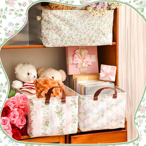 Boao Foldable Storage Baskets Dinosaur Easter Rabbit Classical Flowers Bow Laundry Basket with Handles Waterproof Storage Bins Fabric Shelf Baskets15 x 11 x 8 InchesBlue Floral3 Pcs - Image 3