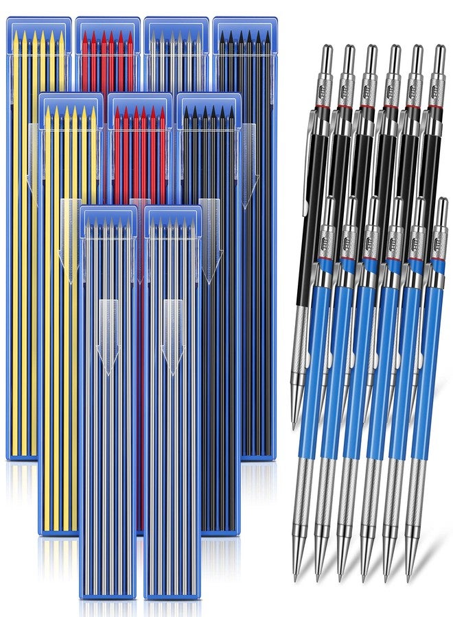 Nezyo 12 Pieces Welder Pencil with 108 Pieces Round Refills Mechanical Metal Pencil Marker with Built in Sharpener Pen for Construction Workers, Metal Work, Plumbers, Framers - Image 1