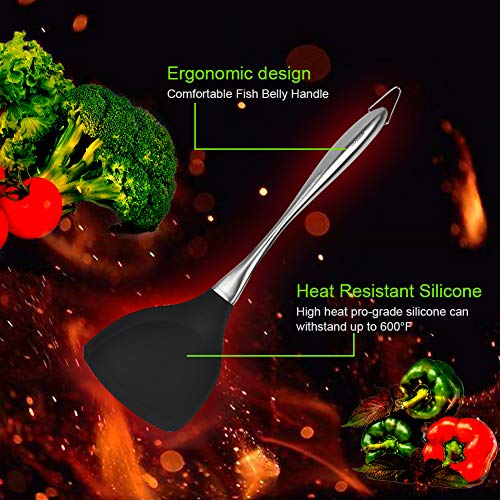 XIAKE Honglida Premium Silicone Wok Turner BPA Free 600ºF Spatula Stainless Steel Handle 14-1/5 Inch for Non Stick Cookware (Black) - Image 4