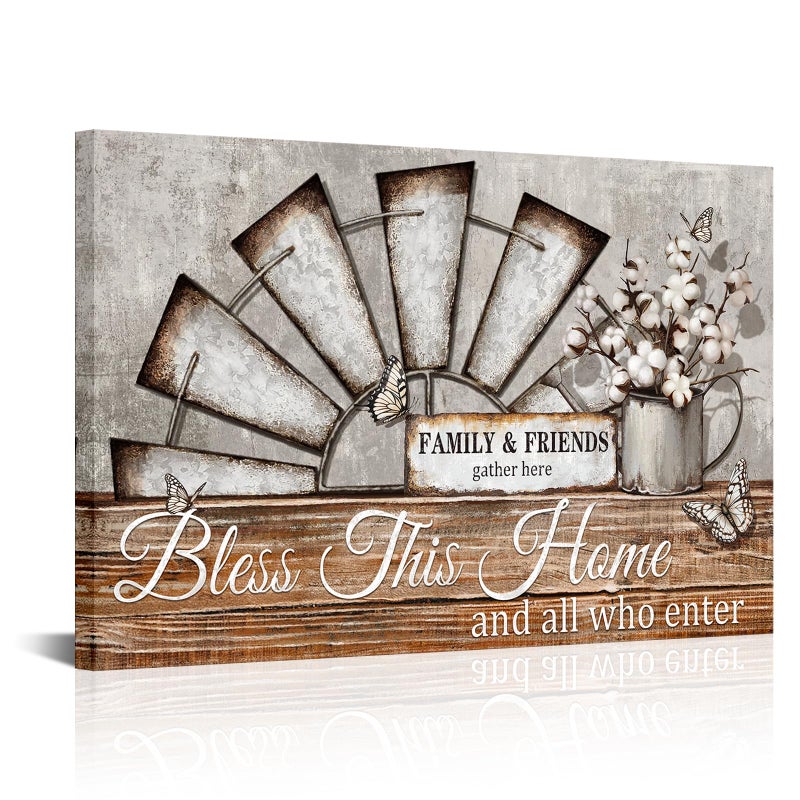 Visual Art Decor Farmhouse Windmill Wall Decor Bless This Home Sign Rustic Farm Style Room Decor Framed 16x24inch Kitchen Bedroom Living Room Decor (Brown) - Image 1